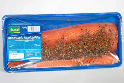 Apetit uunivalmis kirjolohifile, maustettu, pakkaus, pakattu, kala.