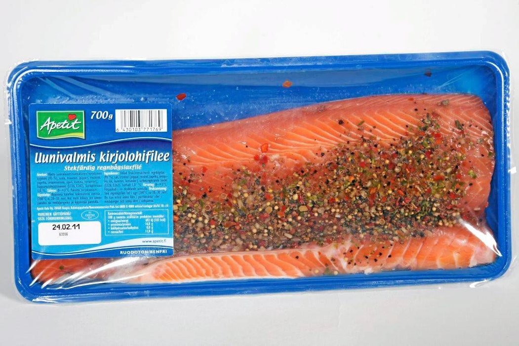 Apetit uunivalmis kirjolohifile, maustettu, pakkaus, pakattu, kala.