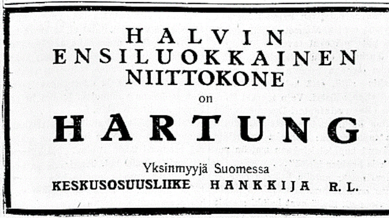 Keskusosuusliike Hankkija mainosti Maaseudun Tulevaisuudessa Hartung-niittokonetta.