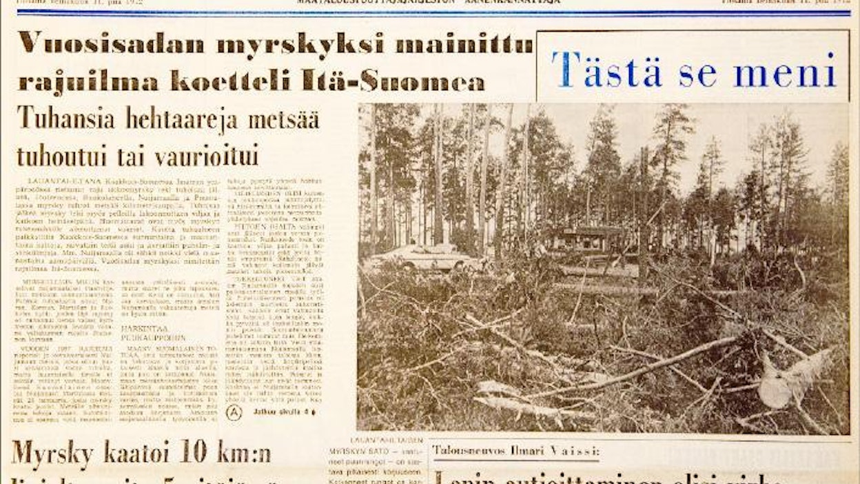 MT raportoi Puumalan myrskystä tiistaina 11.8.1972.