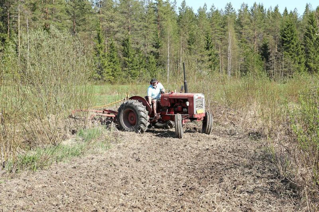 1960-luvun traktorillakin riistapellot ja perunamaat muokkaantuvat riittävän tehokkaasti. Talossa olisi tuoreempikin nelivetotraktori, mutta jostain syystä kevään perinteisiin kuuluu riistapellon äestäminen kopittomalla.