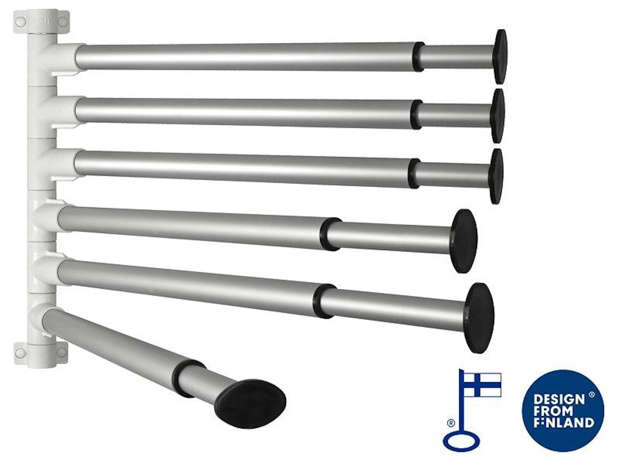 Duster M-tuuletusteline, kaksi kokoa, suositushinnat: 229 € (3 varrella) ja 279 € (6 varrella), korkeus 22,5 cm (3 varrella) tai 42 cm (6 varrella), teleskooppivarret: 51–86 cm, maksimipaino 10 kg per varsi.