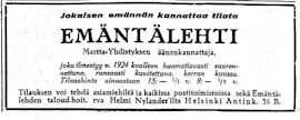 Martta Yhdistyksen äänenkannattaja Emäntälehti mainosti MT:ssä.