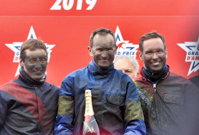 Prix d'Ameriquen kärkikolmikon ohjastajat Alexandre Abrivard (vas.), Jean-Michel Bazire ja Björn Goop.