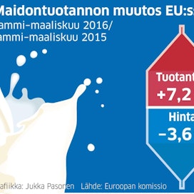 Tuotantomäärä on kasvanut ja tuottajan saama hinta laskenut vuodenvaihteen jälkeen, kun maitomarkkinat vapautuivat EU:ssa.