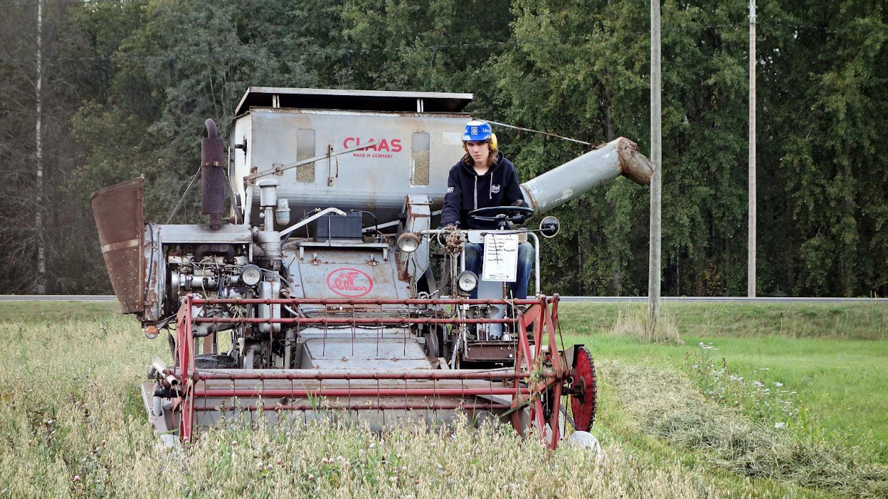 Kalle Renfeldtin Claas Columbuksella on ikää yli 50 vuotta, mutta silti puimurin työura pelloilla jatkuu moitteettomasti.