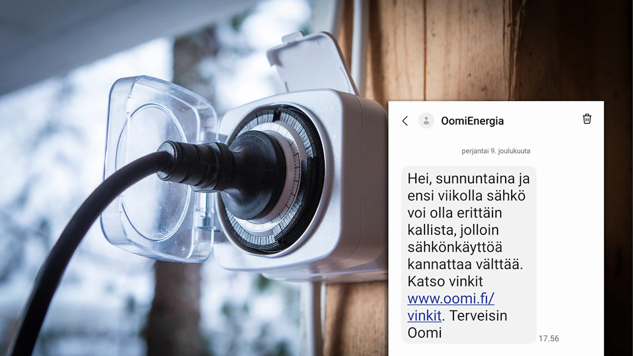 Sähköyhtiö Oomi varoittaa sähkön hinnoista tekstiviesteillä.