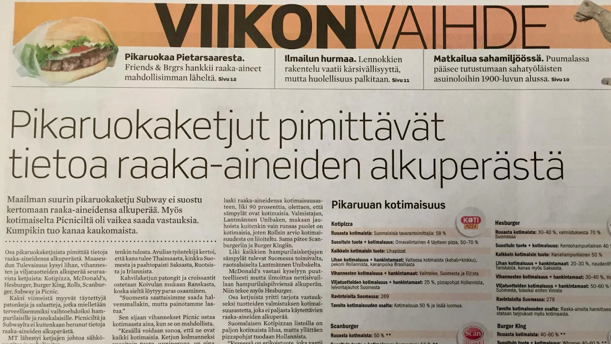 Toimittaja Katja Lammisen juttu pikaruokaketjujen käyttämistä raaka-aineista julkaistiin Maaseudun Tulevaisuudessa 24.7.2015.