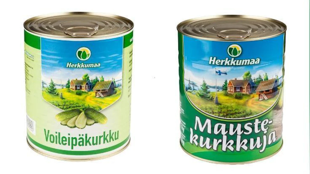 Jos Herkkumaan tuote ei ole Suomesta, etikettikuvan lipputanko on tyhjä.
