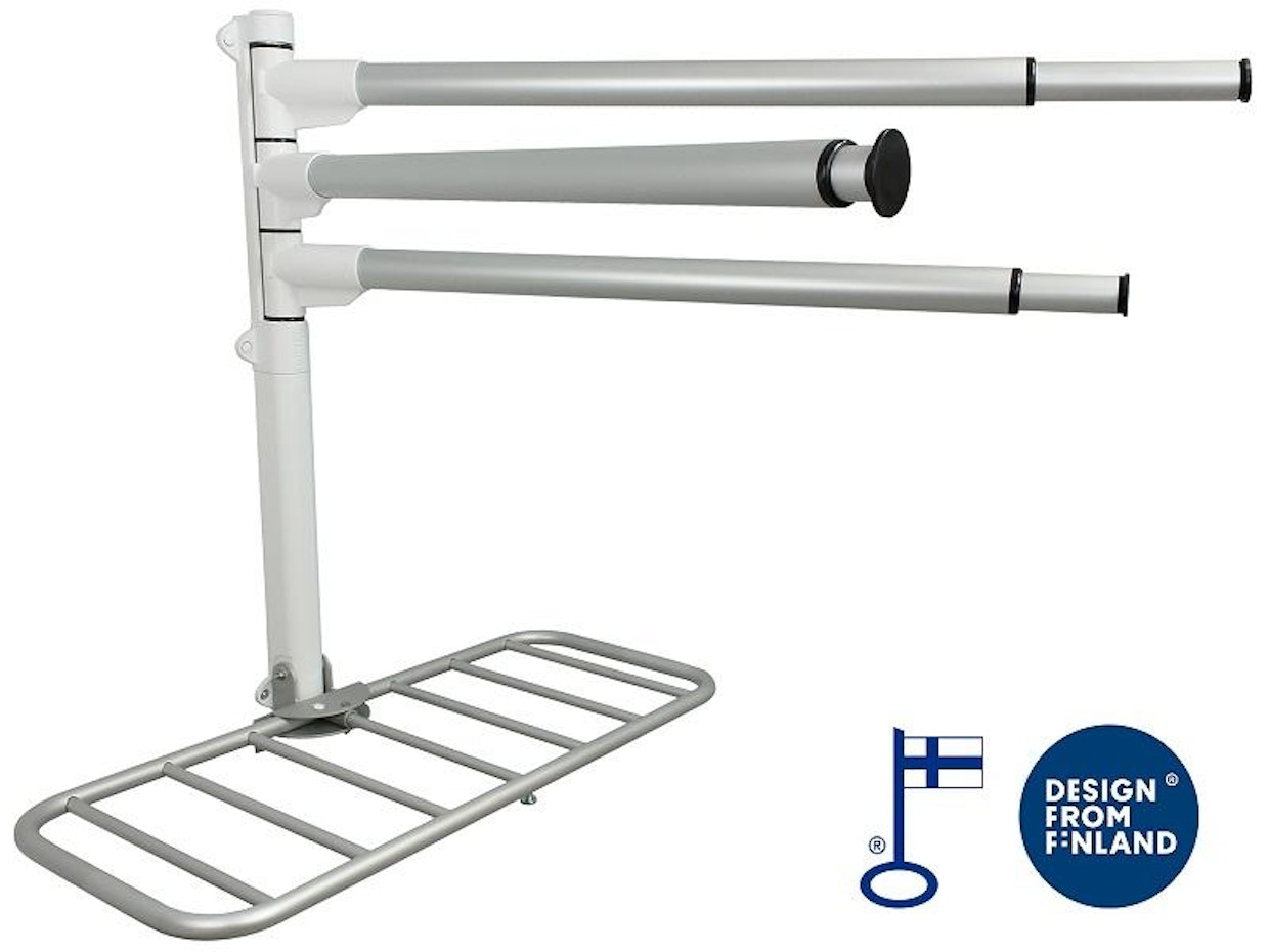 Duster XL -tuuletusteline, suositushinta: 659 €, kolme teleskooppivartta ja alas laskettava aputaso, korkeus 96 cm, teleskooppivarret 96–160 cm, maksimipaino 20 kg per varsi.