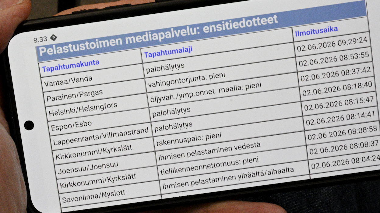 Tällä hetkellä ensitiedotteet onnettomuus- ja hälytystehtävistä eri puolilta Suomea päivittyvät automaattisesti viranomaisten Peto-media-sivustolle. LEHTIKUVA.
