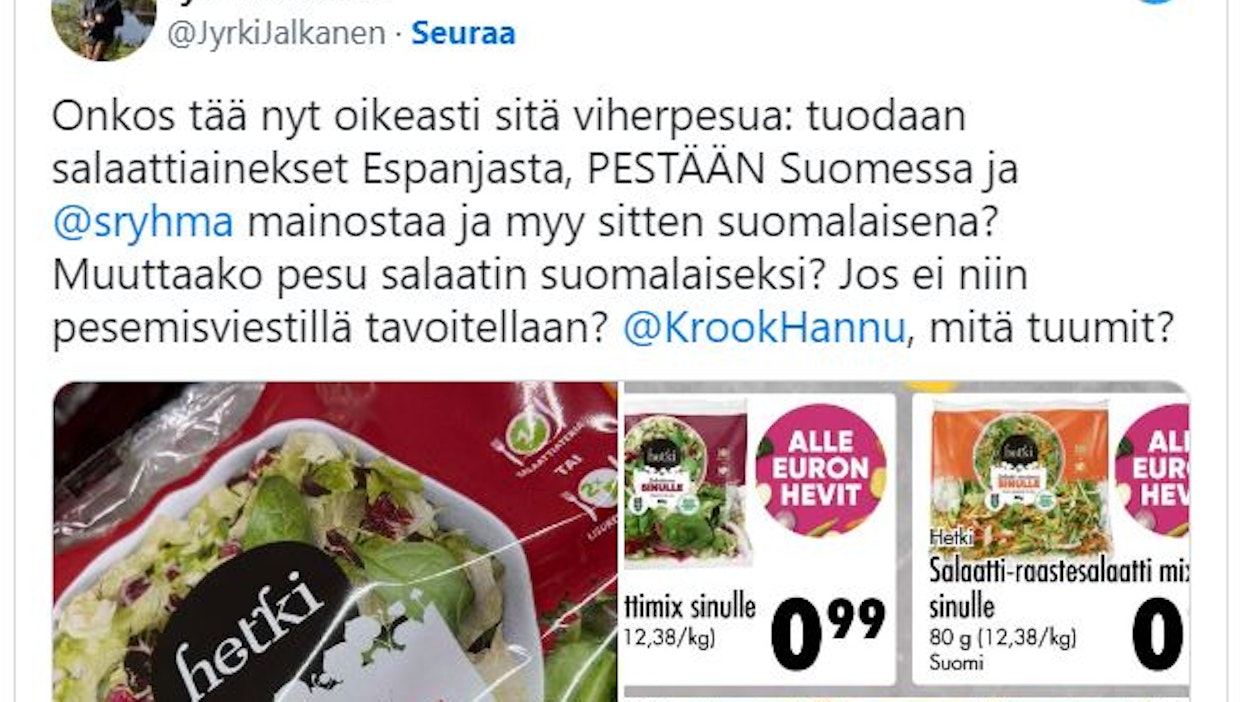 Kauppapuutarhaliiton entinen toimitusjohtaja <strong id="strong-6a756c4d323ea2a4a3bf8de87040fdeb">Jyrki Jalkanen</strong> ihmetteli viikonloppuna Twitter-tilillään mainosta, jossa espanjalaislähtöistä salaattisekoitusta väitetään suomalaiseksi.