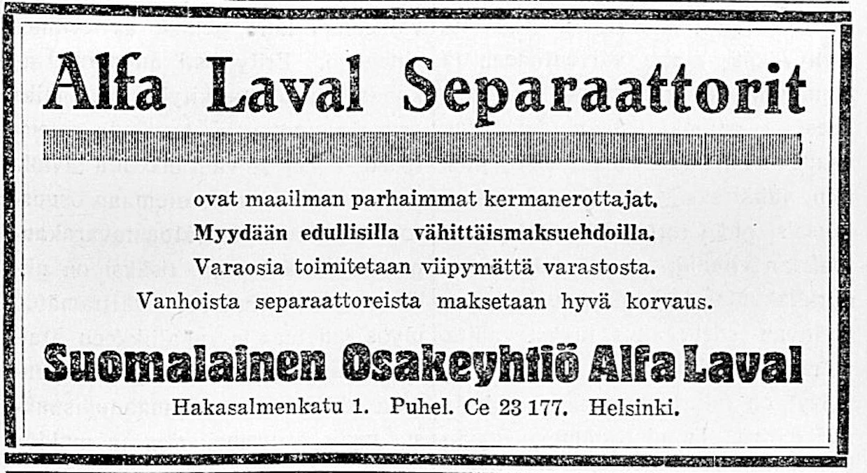 Mainoksessa kehuttiin Alfa Laval -separaattorien olevan maailman parhaita.