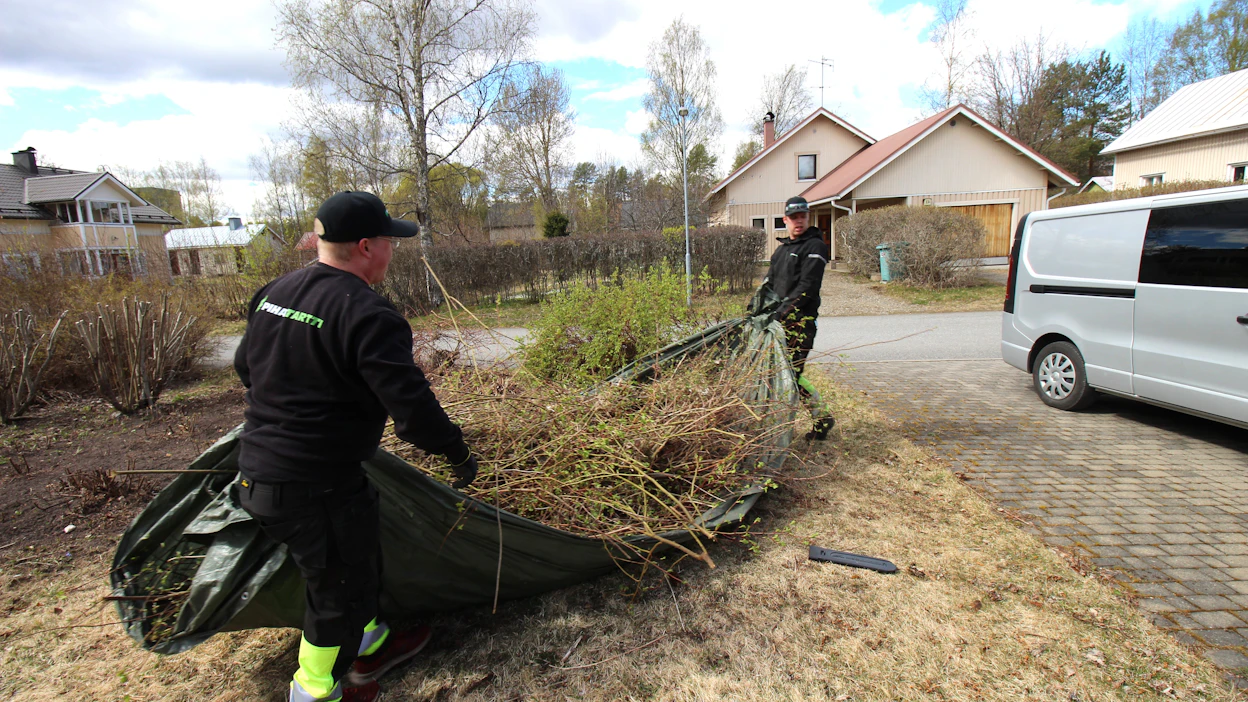 Joni ja Kalle Raninenhuolehtivat leikkauksista syntyvin puutarhajätteiden siirron ja poiskuljetuksen.
