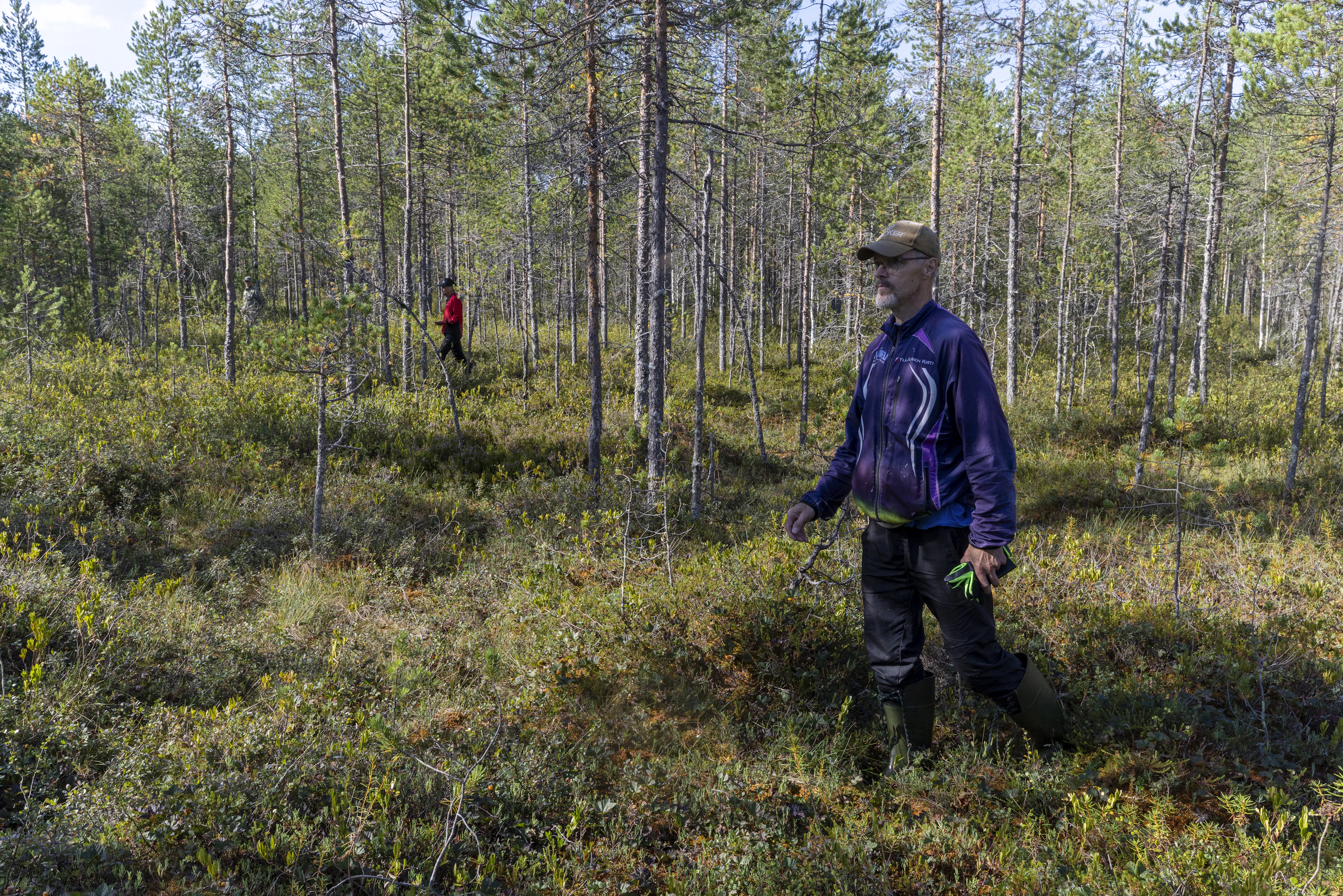 Riistakolmiolaskennassa lasketaan linnut 60 metriä leveältä kaistaleelta. Laskijoista lähimpänä Teijo Sirviö.