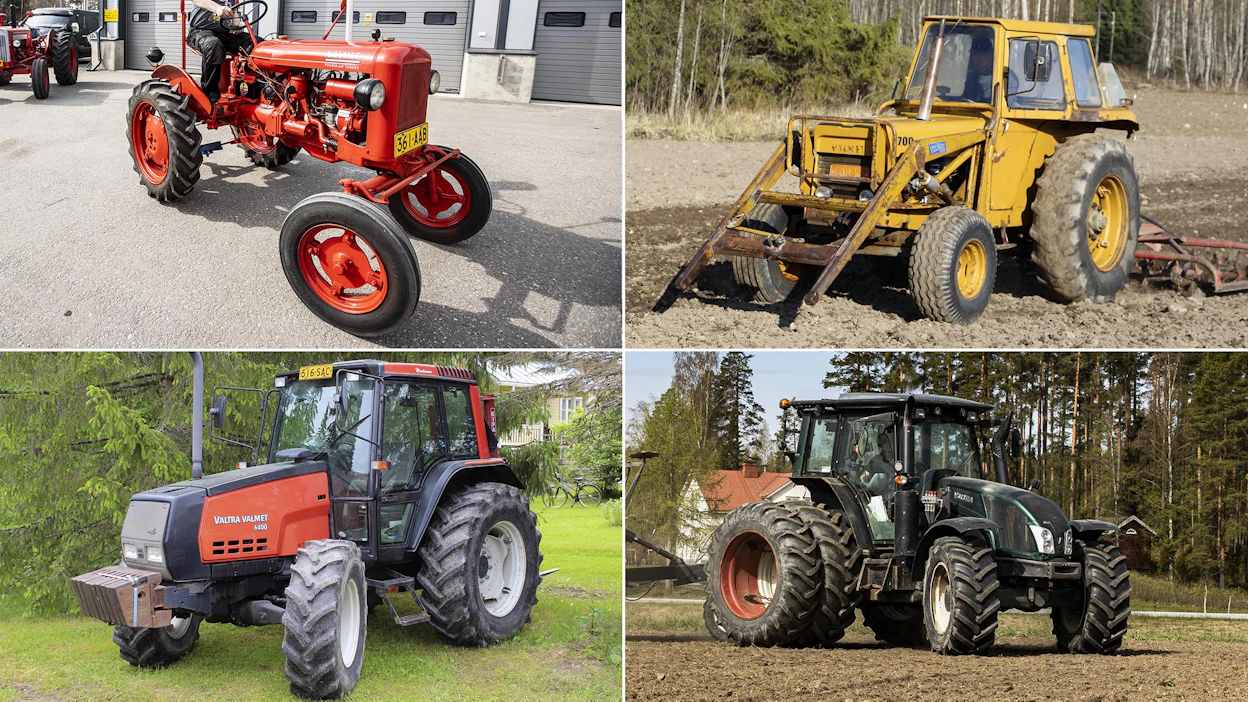 Valmet ja Valtra-traktoreita eri vuosikymmeniltä. Ylhäällä vasemmalla Valmet 15.
