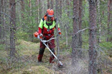 Stihlin monitoimiraivurissa on leveä niittokahva. Sahan käyttökelpoisuus metsässä parantuu, kun runkoja ei ole kovin tiuhassa.