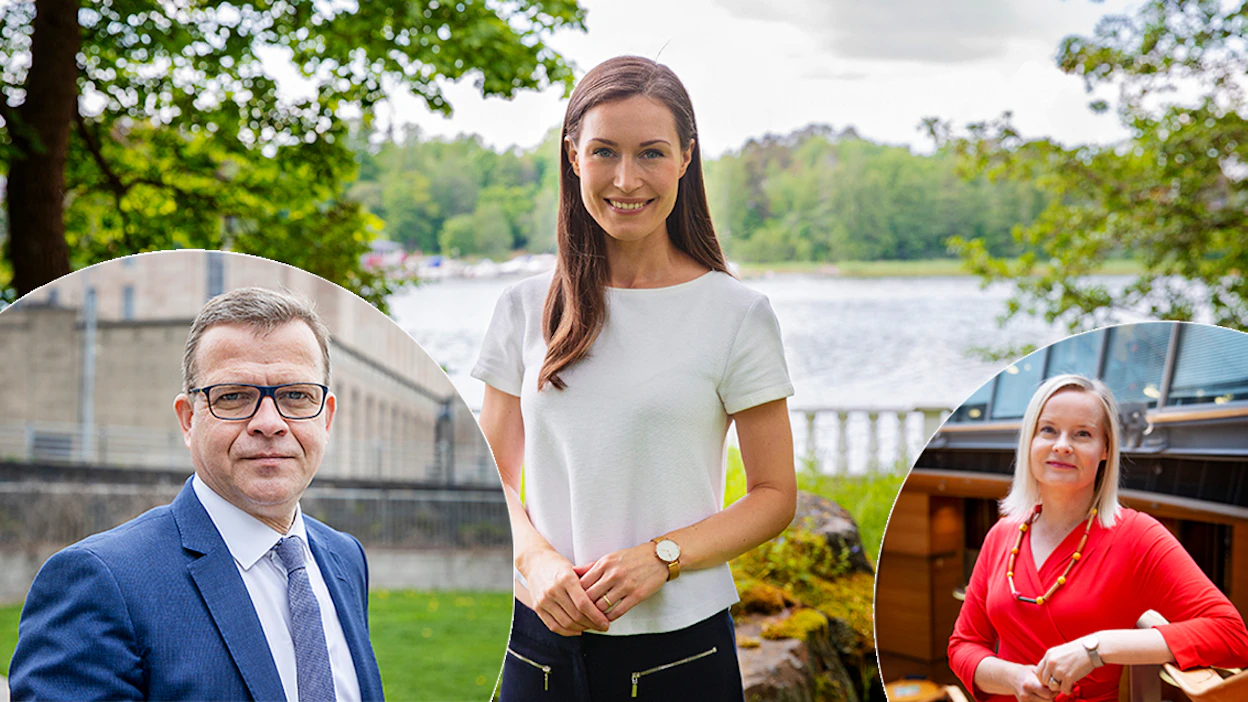 55,5 prosenttia suomalaisista luottaa Sanna Marinin kykyyn hoitaa tehtäväänsä. Marin on puoluejohtajista suosituin Suomen seuraavaksi pääministeriksi. Seuraavina tulevat kokoomuksen Petteri Orpo (vasemmalla) ja perussuomalaisten Riikka Purra (oikealla).