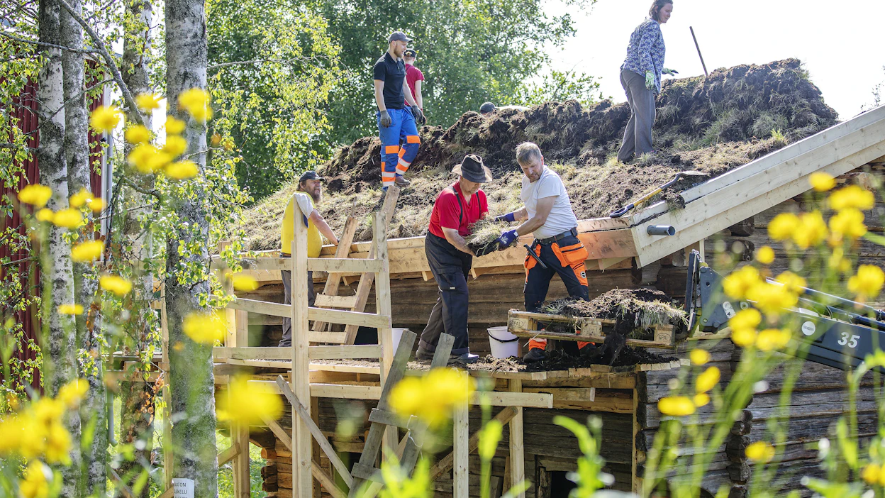 Aitta sai viherkaton talkoilla.Eedessä tasolla Ahti Soikkeli, Kimmo Salo ja Petri Karjalainen. Takana Juha Rajaharju ja Hanna Rintala.