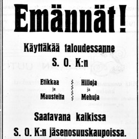 Suomen Osuuskauppojen Keskuskunta mainosti tuotteitaan MT:ssä 100 vuotta sitten.