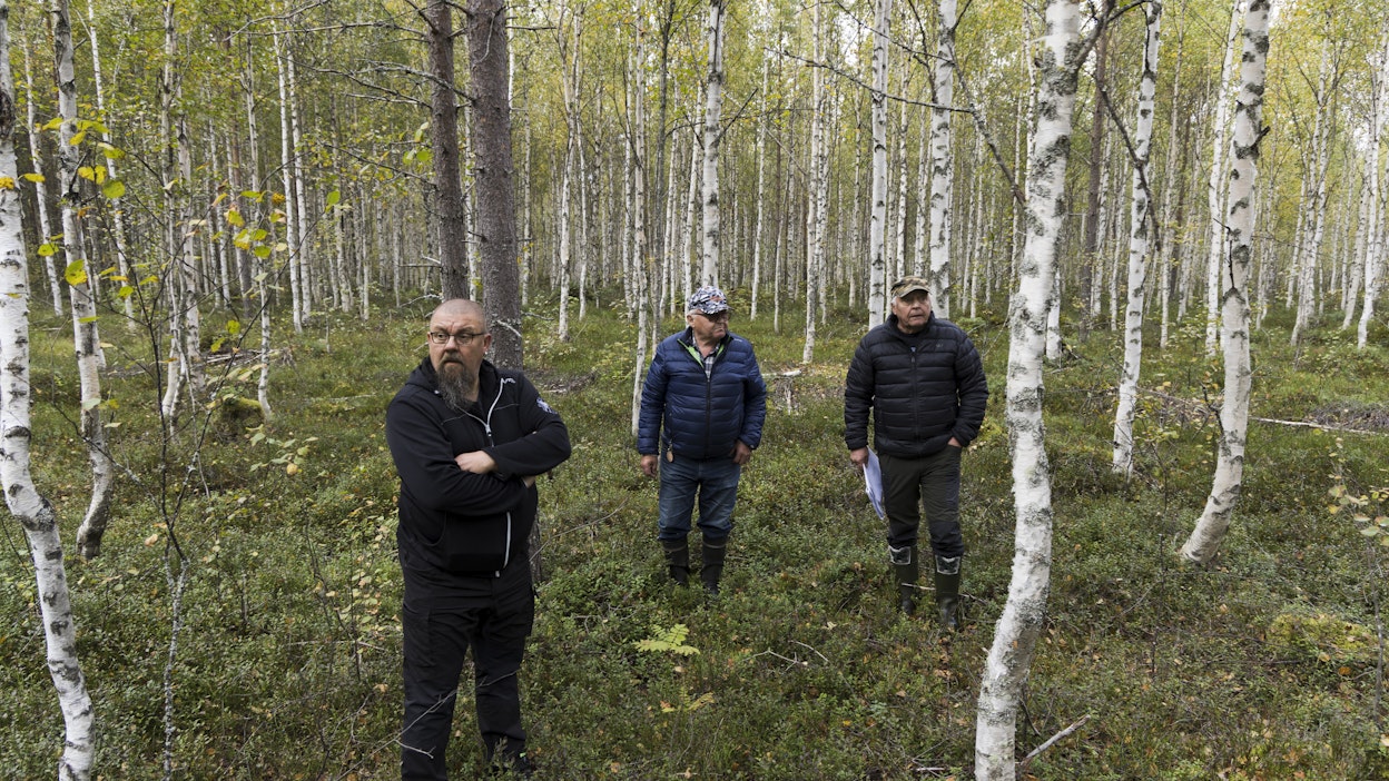 Särkijärven kylällä asuvat Tommi Väisänen, Tapio Jurva ja Teuvo Murtovaara seisovat paikassa, johon on suunniteltu tuulivoimala Utajärven Pahkavaarassa.