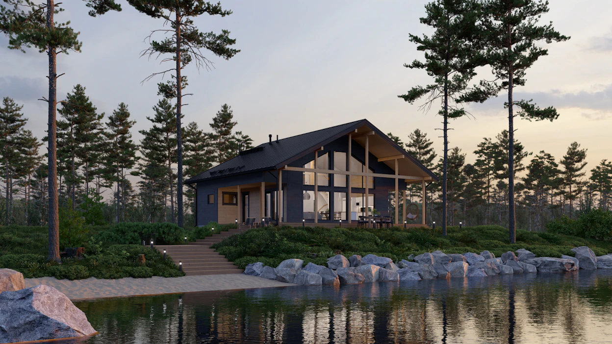 DEN Finland toi keväällä markkinoille Finnlamelli Valo -hirsihuvilat. Kuvan 134-neliöinen Valo-huvila on 1,5-kerroksinen, ja sen voi ostaa myös täysin muuttovalmiina. Painumaton hirsi on valmistettu kotimaisesta kuusesta.