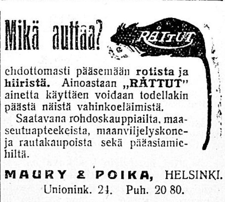 Syöpäläisiä, hiiriä ja rottia hävitettiin aikoinaan vahvoillakin myrkyillä.