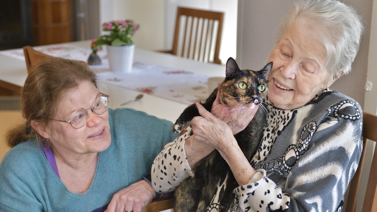 Katariina Kalliokosken (oik.) Kissa-niminen kissa viihtyy Vilmankodissa ja toimii hellyysterapeuttina. Vasemmalla Katri Kranni.
