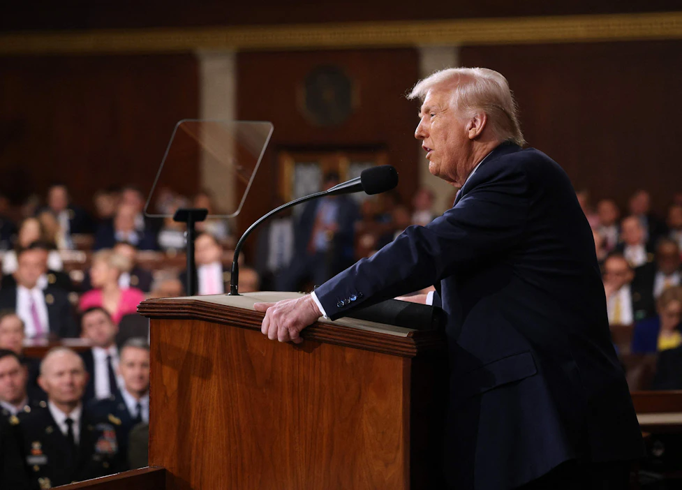 Donald Trumpin puhe oli historian pisin Yhdysvaltain presidentin puhe kongressille, ja se kesti yli puolitoista tuntia. LEHTIKUVA/AFP.