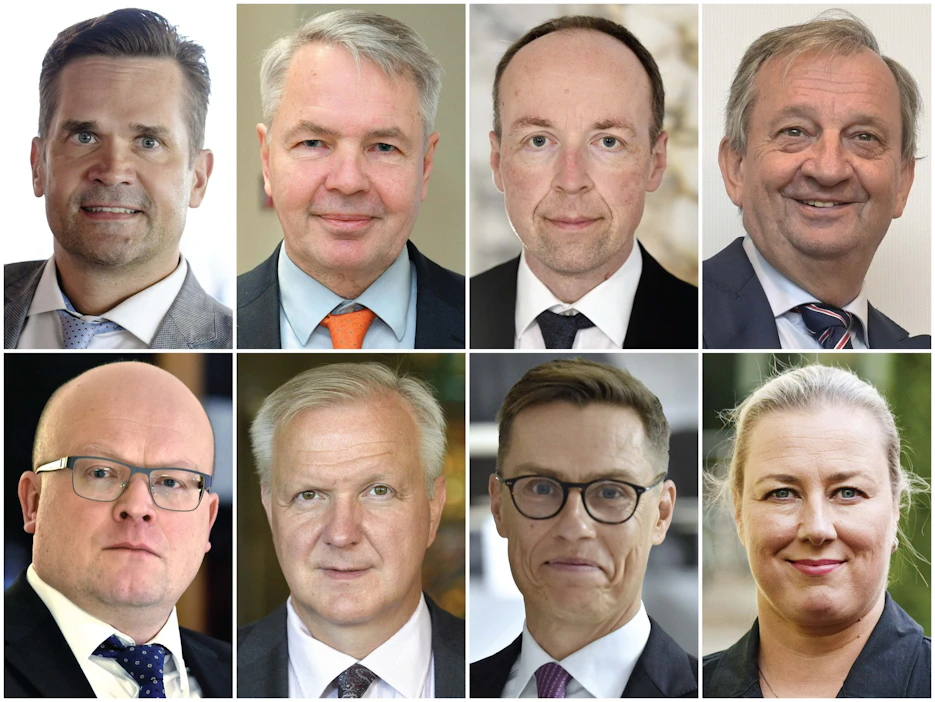 Ylh. vas. Mika Aaltola, Pekka Haavisto, Jussi Halla-aho, Harry Harkimo. Alh. vas. Mikko Hautala, Olli Rehn, Alexander Stubb ja Jutta Urpilainen. LEHTIKUVA / MAIJA KORPINEN.