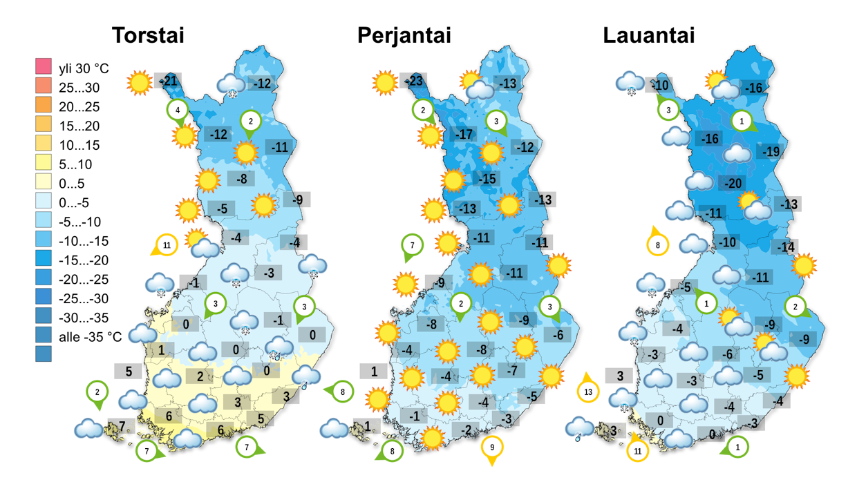 Viikonloppuna Suomen ylle vahvistuu korkeapaineen selänne ja pakkanen pääsee etenkin idässä ja pohjoisessa kiristymään.