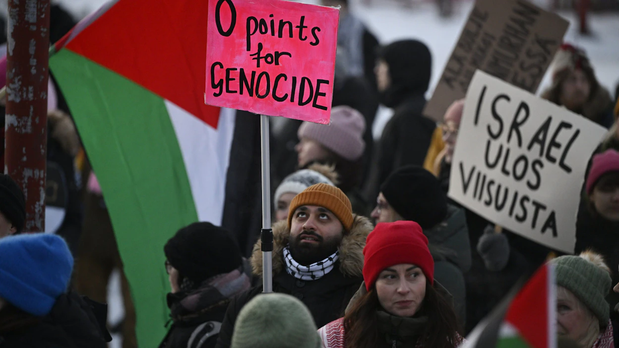 Palestiinalaisia tukeva aktivistiryhmä järjesti mielenosoituksen viime helmikuussa Tampereella UMK-finaalin yhteydessä. LEHTIKUVA / ANTTI AIMO-KOIVISTO.