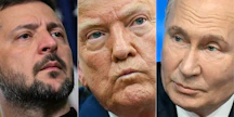 Ukrainan presidentti Volodymyr Zelenskyi (vas.) ehdottaa kolmenvälistä huipputapaamista hänen, Yhdysvaltain presidentin Donald Trumpin ja Venäjän presidentin Vladimir Putinin kesken. LEHTIKUVA/AFP. 