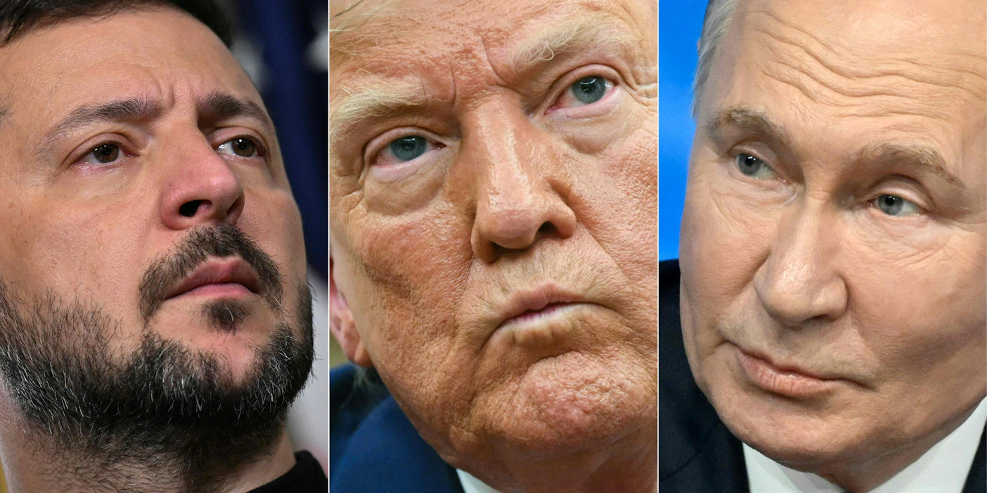 Ukrainan presidentti Volodymyr Zelenskyi (vas.) ehdottaa kolmenvälistä huipputapaamista hänen, Yhdysvaltain presidentin Donald Trumpin ja Venäjän presidentin Vladimir Putinin kesken. LEHTIKUVA/AFP.