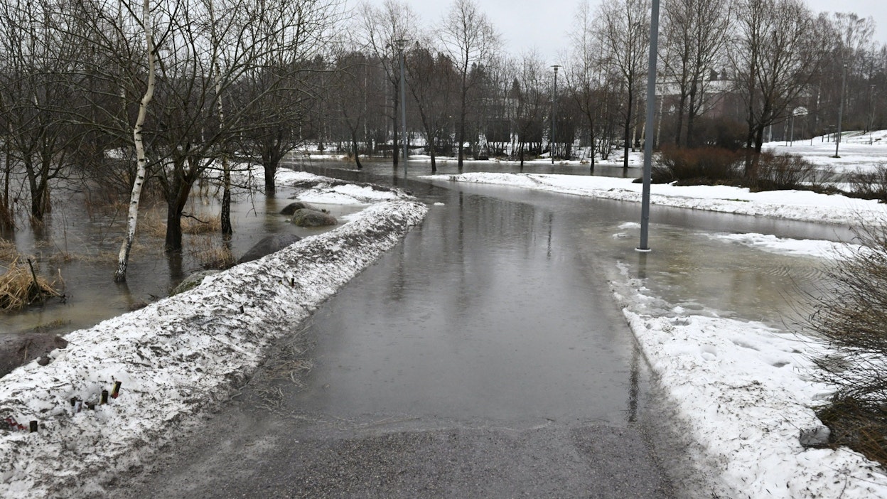 Tulvavaroitus on annettu tälle päivälle viiteen maakuntaan Suomen länsi- ja eteläosaan. Kuva Espoon Kirkkojärveltä tammikuun puolivälistä.