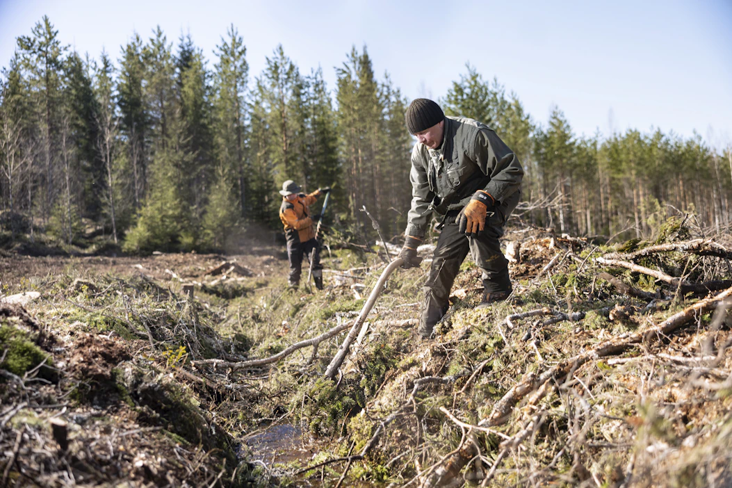 Hakkuutähteitä päätyy puunkorjuussa ojiin väkisinkin jonkin verran, Matti Äijö sanoo. Ojat tulevat suhteellisen pienellä vaivalla kuntoon, mikä vaikuttaa vuosikymmeniä niiden toimivuuteen.