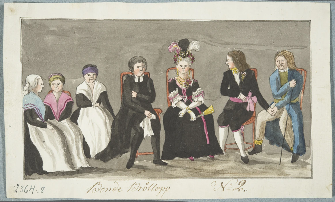 1800-luvun alkupuolella valmistuneessa piirroksessa kuvataan talonpoiskaishäitä Pohjanmaalla. Piirtäjä Elfström, C. P. Museovirasto/Kansatieteen kuvakokoelma.