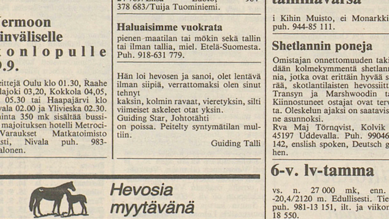 Guiding Starin merkityksestä omistajilleen kertoo Hevosurheilussa 11.9. 1985 julkaistu ilmoitus.