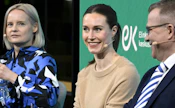Kolme suurta puoluetta ovat gallupien mukaan lähes tasatilanteessa. Arkistokuvassa kokoomuksen puheenjohtaja Petteri Orpo (oik.), SDP:n puheenjohtaja Sanna Marin ja perussuomalaisten puheenjohtaja Riikka Purra. 
