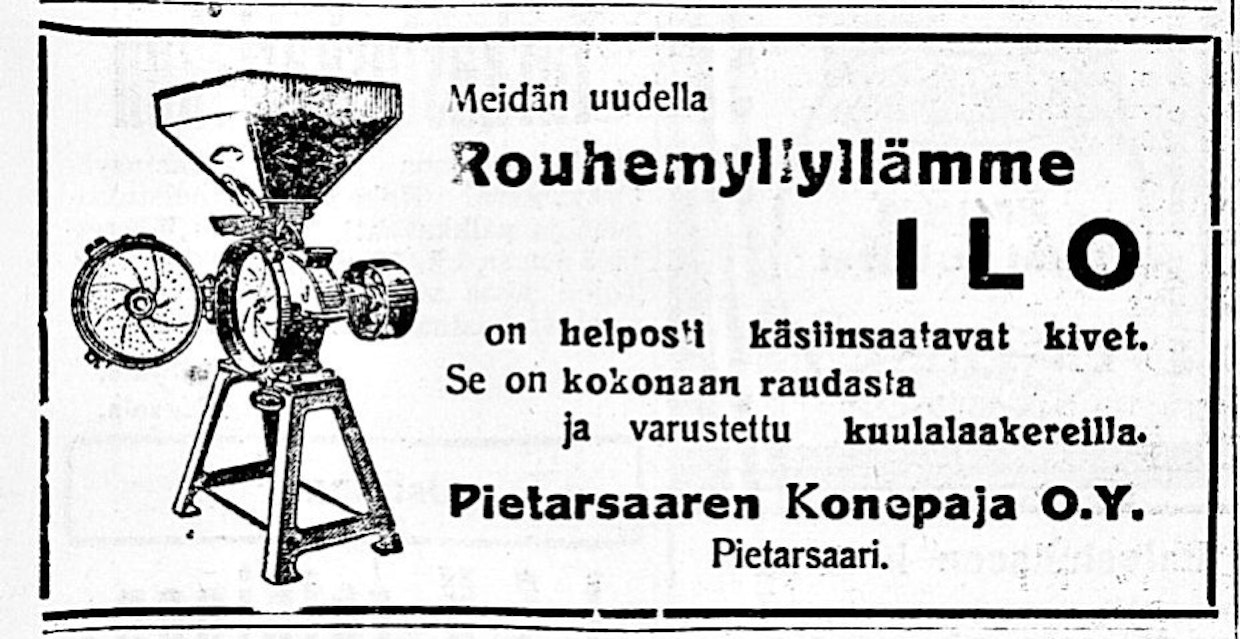 Pietarsaaren Konepaja mainosti Ilo-rouhemyllyä joulukuussa 1925.