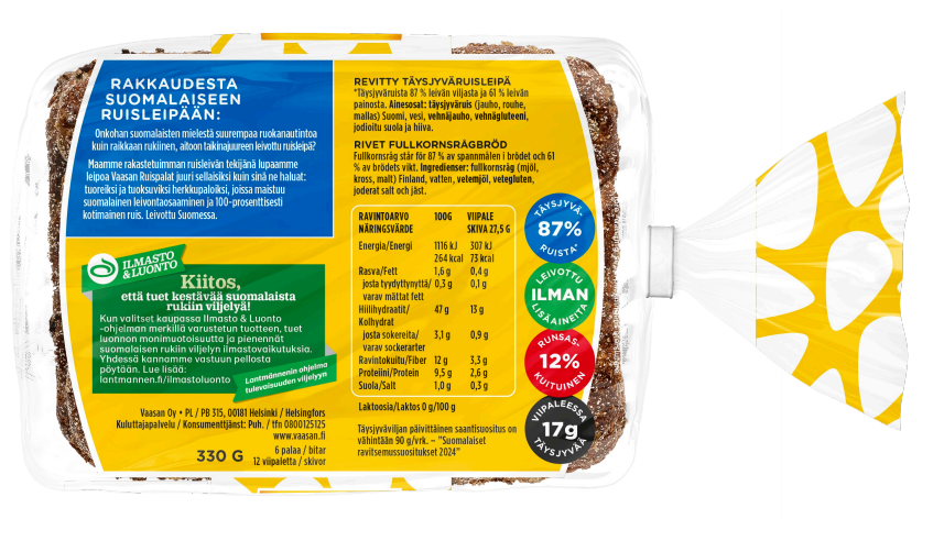 Uusi pakkaus kertoo selvin numeroin, kuinka paljon yksi viipale sisältää täysyjyväviljaa eli 17 grammaa.