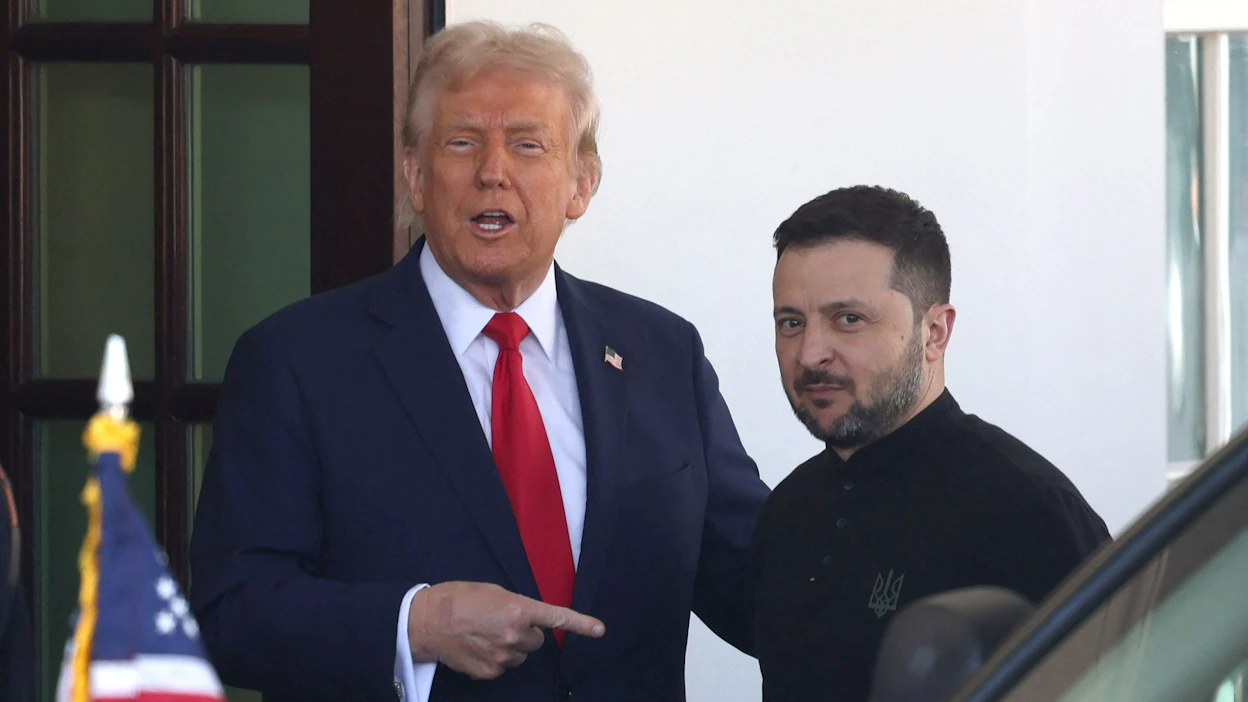Yhdysvaltain presidentti Donald Trump oli vastassa, kun Ukrainan presidentti Volodymr Zelenskyi saapui Valkoiseen taloon. LEHTIKUVA/AFP.