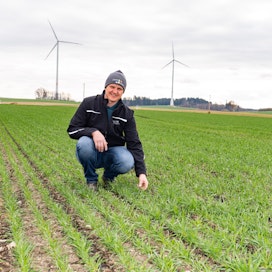 Baijerin Dasingissa kalkkunatilansa ja biokaasulaitoksensa tarpeisiin vehnää, maissia ja rapsia viljelevä Stefan Asum toivottaa tuulimyllyt tervetulleiksi lähipelloille, mutta vieroksuu aurinkovoimaloiden rakentamista viljelysmaalle.