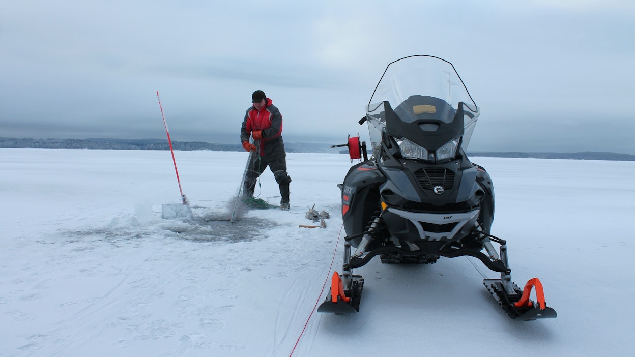 Ammattikalastaja Hannu Leppänen nostaa Päijänteen Vanhanselällä avannosta riimuverkkoa.