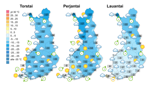 Loppuviikosta sää lauhtuu ja esiintyy lumisateita.