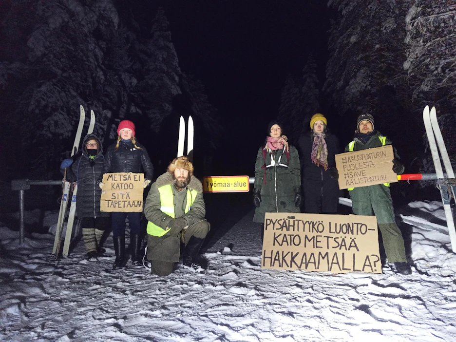 Metsäliikkeen aktivistit vaativat Metsähallitusta keskeyttämään hakkuut Aalistunturilla.