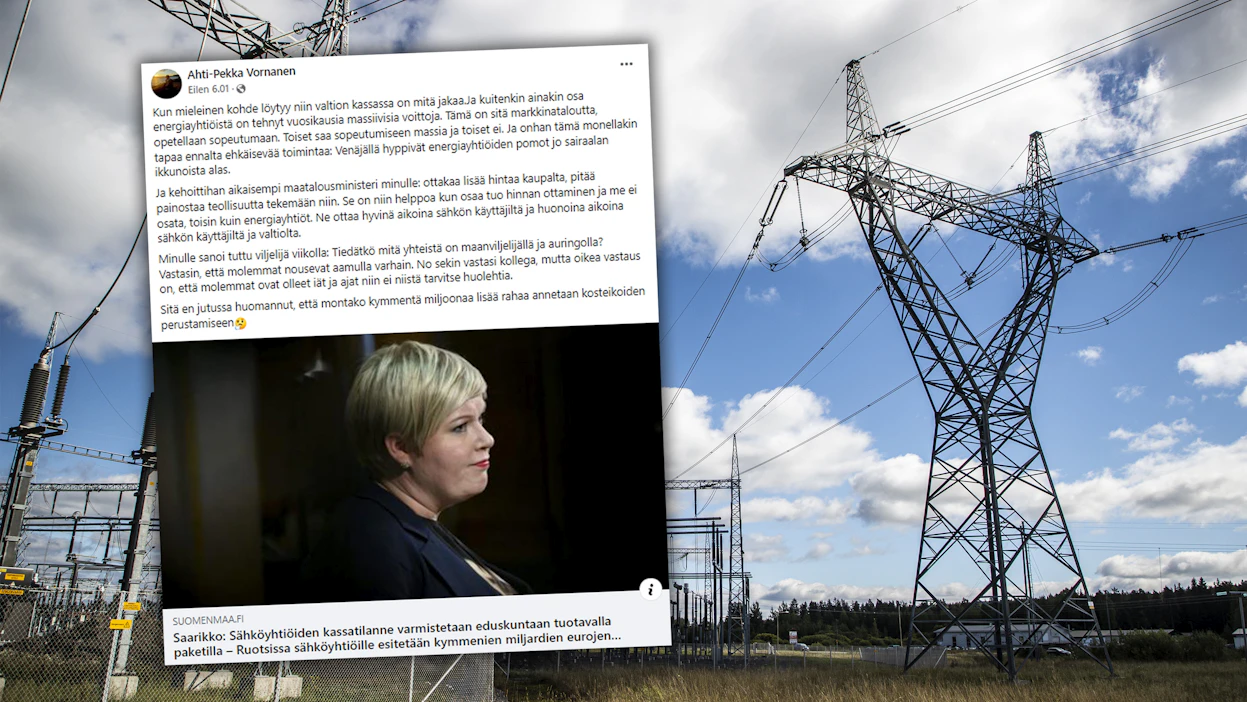 Maanviljelijä Ahti-Pekka Vornanen muistuttaa, että osa energiayhtiöistä on tehnyt vuosikausia massiivisia voittoja.