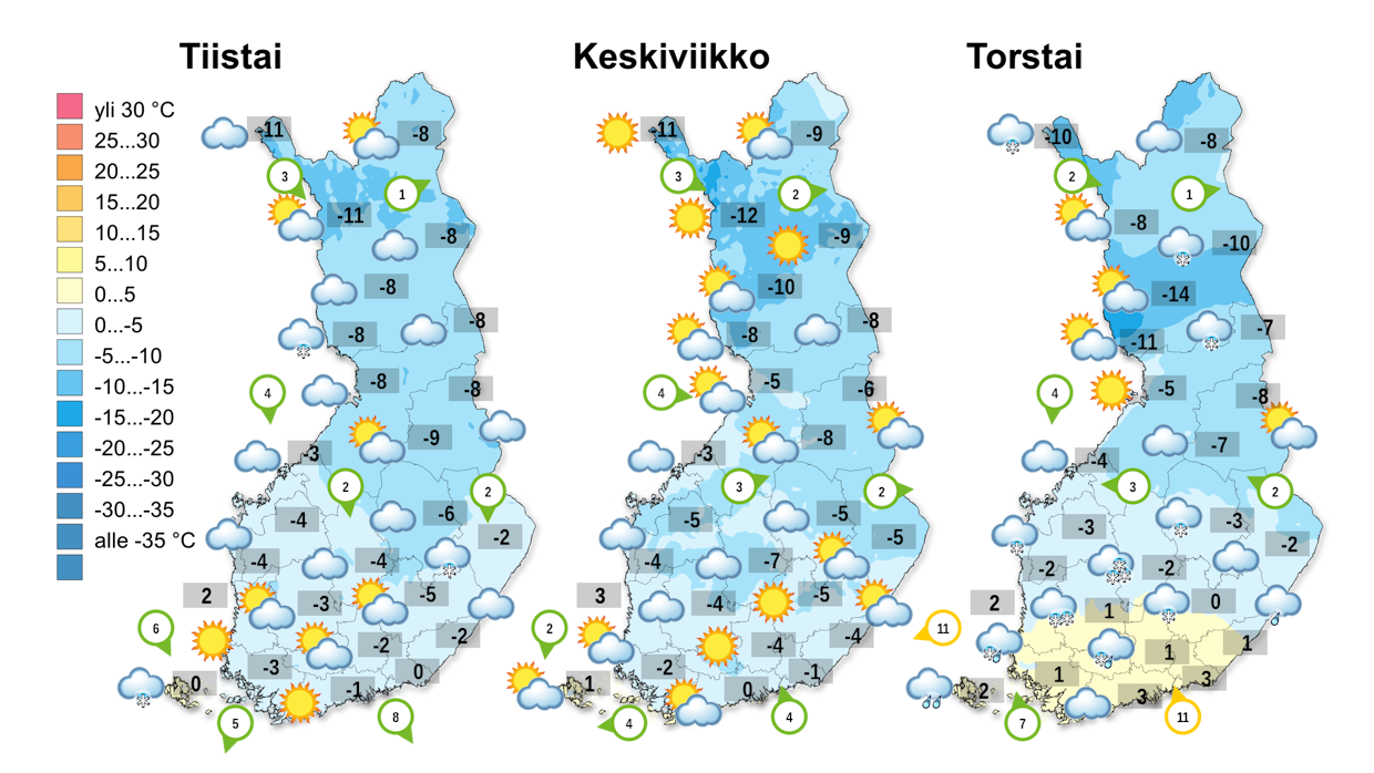 Pilvisyys on lähipäivinä varsin vaihtelevaa, joten selkeät hetket jäävät varsin lyhyiksi. Yli 20 asteen pakkasia mitataan pohjoisessa tulevienkin vuorokausien aikana.