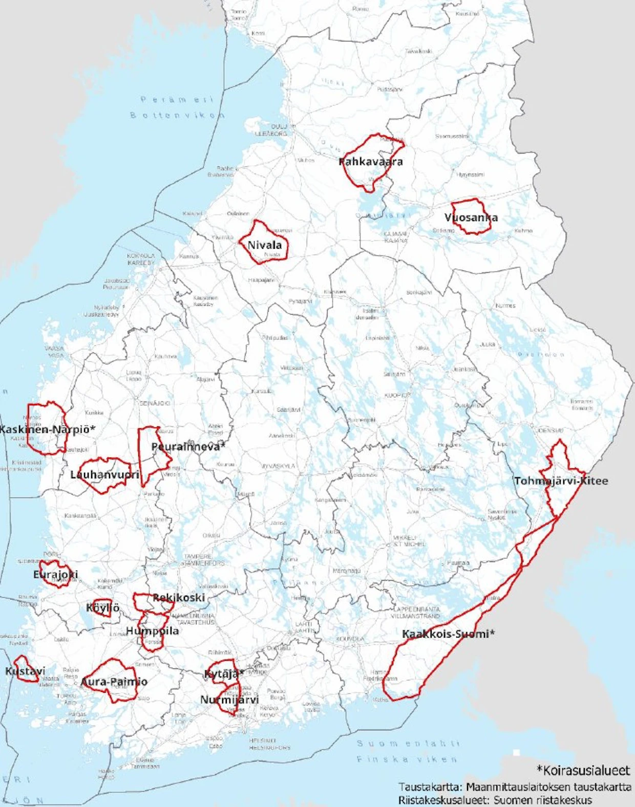 Suomen riistakeskuksen esitys suden kiintiömetsästyksen alueista.