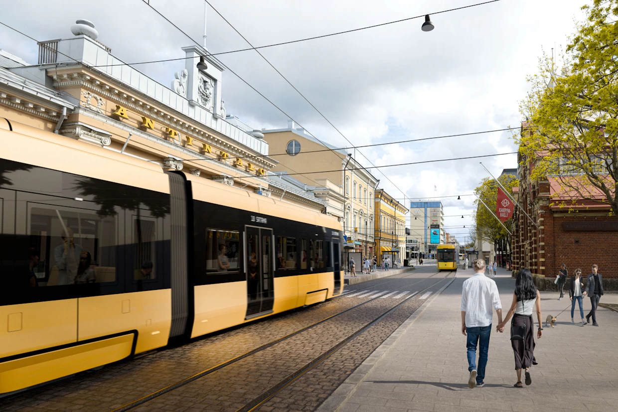 Havainnekuva Turun Eerikinkadulta. Turun raitiovaunuista tulee kahteen suuntaan ajettavia, kuten Tampereella ja osin Helsingissä.